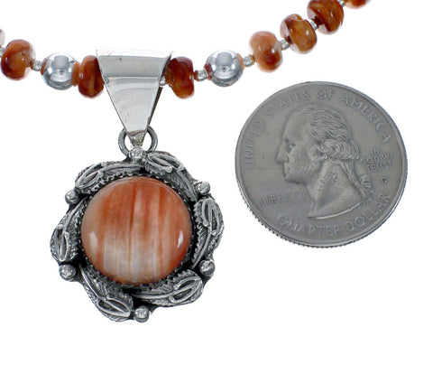 Oyster Shell Navajo Silver Bead Necklace Leaf Pendant Set X10257