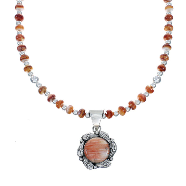 Navajo Oyster Shell Silver Bead Necklace Leaf Pendant Set X10258