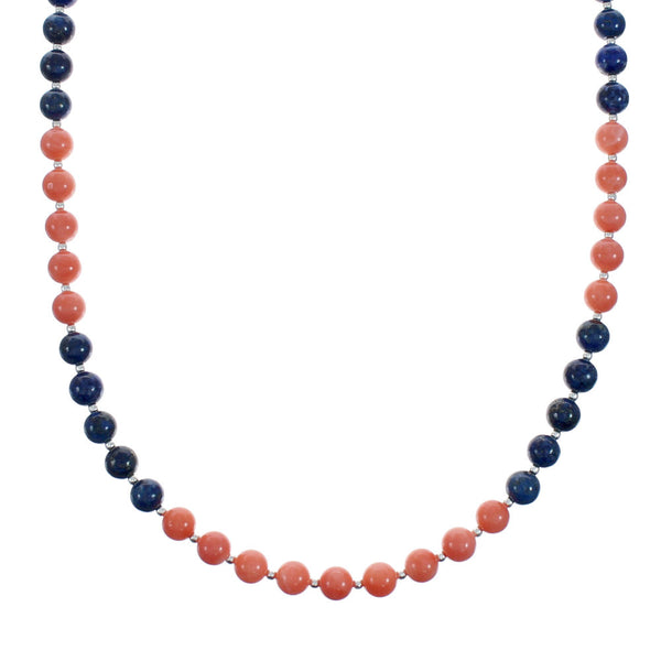 Genuine Pink Coral And Lapis Sterling Silver Navajo Bead Necklace X10286