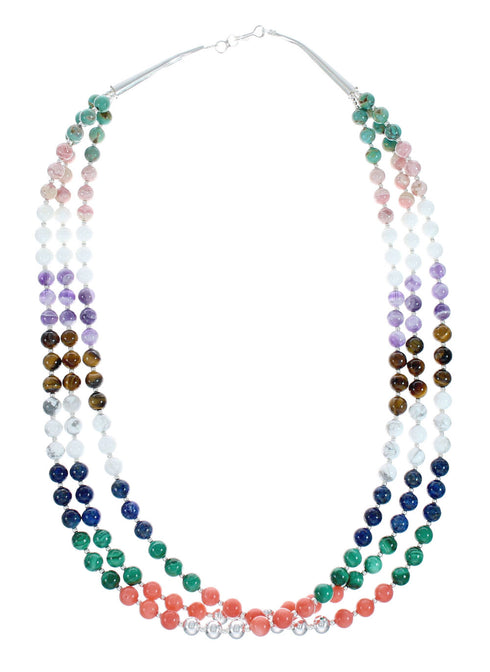 Sterling Silver 3-Strand Treasure Multicolor Bead Necklace X10293