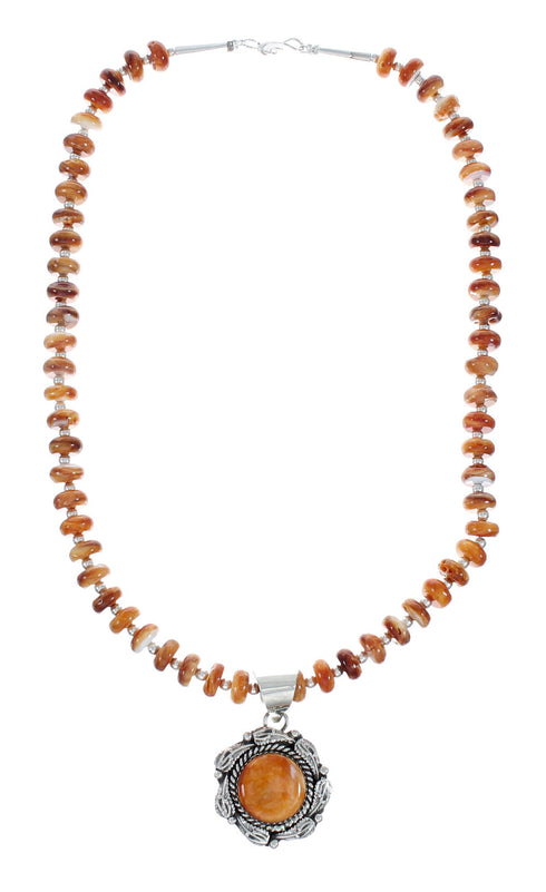 Navajo Oyster Shell Silver Bead Necklace Leaf Pendant Set X10300