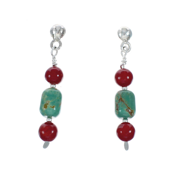 Navajo Sterling Silver Turquoise And Coral Bead Post Dangle Earrings X10355