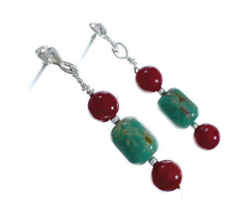 Navajo Sterling Silver Turquoise And Coral Bead Post Dangle Earrings X10355
