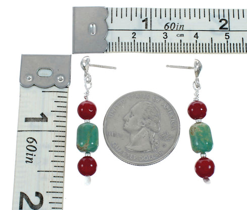 Navajo Sterling Silver Turquoise And Coral Bead Post Dangle Earrings X10355