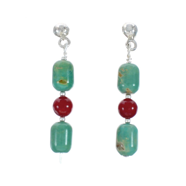 Navajo Turquoise And Coral Sterling Silver Bead Post Dangle Earrings X10356