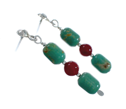 Navajo Turquoise And Coral Sterling Silver Bead Post Dangle Earrings X10356
