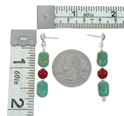 Navajo Turquoise And Coral Sterling Silver Bead Post Dangle Earrings X10356