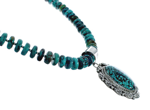 Native American Sterling Silver Turquoise Pendant Bead Necklace X10367