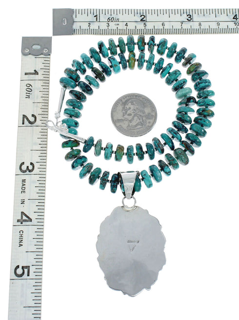 Native American Sterling Silver Turquoise Pendant Bead Necklace X10367