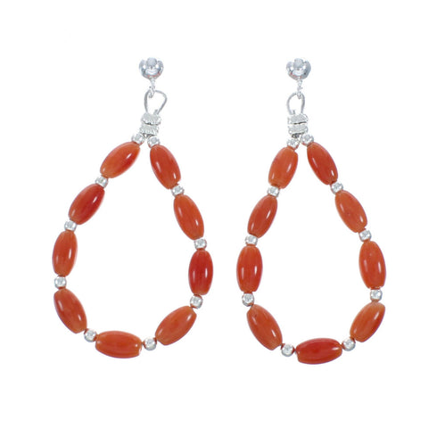 Navajo Coral Bead Post Dangle Sterling Silver Earrings X10406