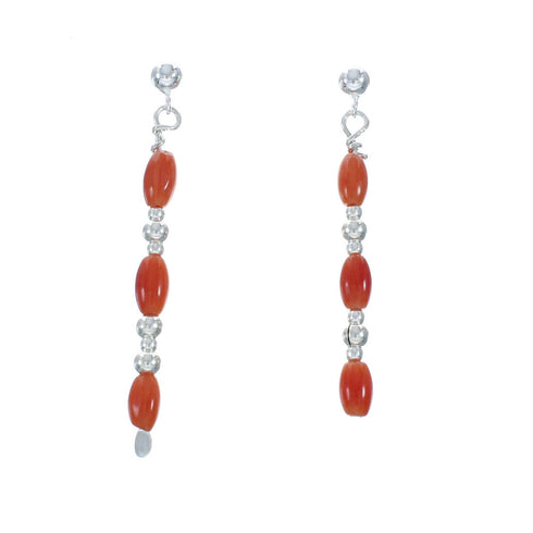 Navajo Genuine Sterling Silver Coral Bead Post Dangle Earrings X10408