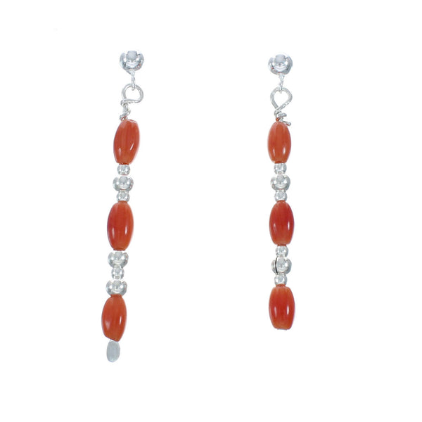 Navajo Genuine Sterling Silver Coral Bead Post Dangle Earrings X10408