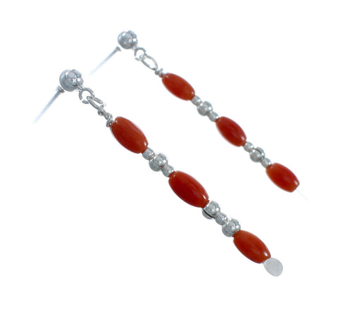 Navajo Genuine Sterling Silver Coral Bead Post Dangle Earrings X10408