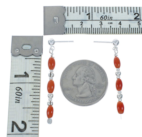 Navajo Genuine Sterling Silver Coral Bead Post Dangle Earrings X10408
