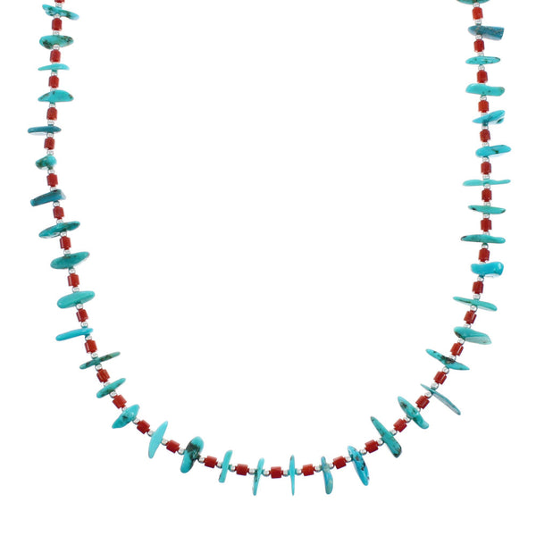 Southwestern Turquoise Coral Sterling Silver Bead Necklace X10420