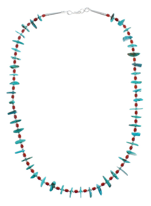 Southwestern Turquoise Coral Sterling Silver Bead Necklace X10420