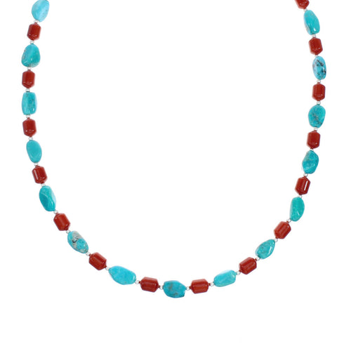 Navajo Turquoise Coral Sterling Silver Bead Necklace X10438