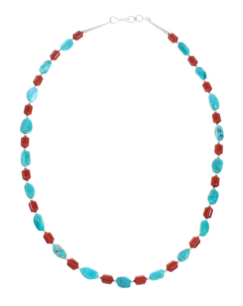 Navajo Turquoise Coral Sterling Silver Bead Necklace X10438