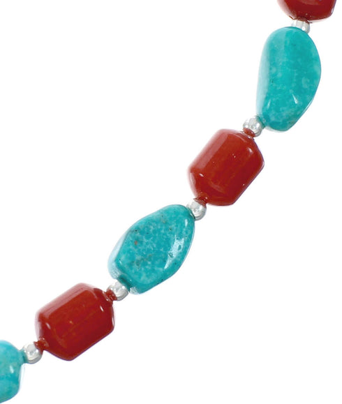 Navajo Turquoise Coral Sterling Silver Bead Necklace X10438