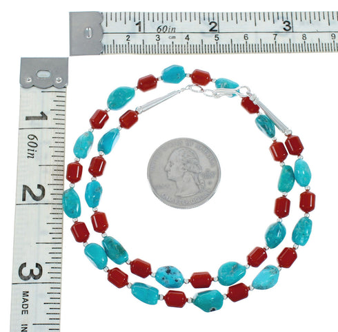 Navajo Turquoise Coral Sterling Silver Bead Necklace X10438