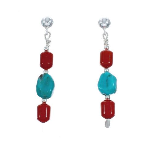 Navajo Turquoise And Coral Sterling Silver Bead Post Dangle Earrings X10443
