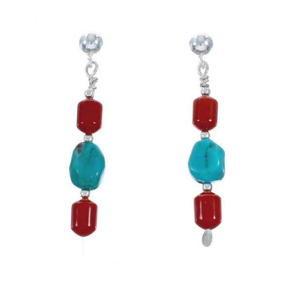 Navajo Turquoise And Coral Sterling Silver Bead Post Dangle Earrings X10443