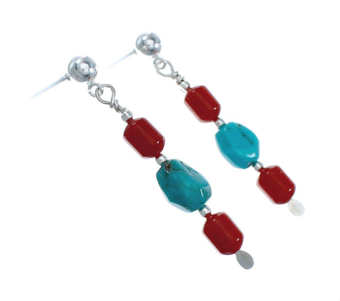 Navajo Turquoise And Coral Sterling Silver Bead Post Dangle Earrings X10443