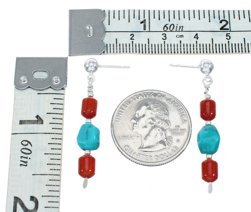 Navajo Turquoise And Coral Sterling Silver Bead Post Dangle Earrings X10443