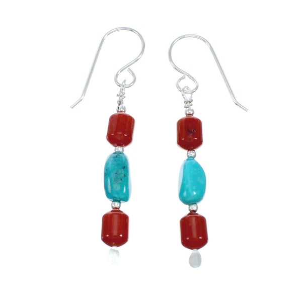 Turquoise And Coral Sterling Silver Bead Hook Dangle Navajo Earrings X10444