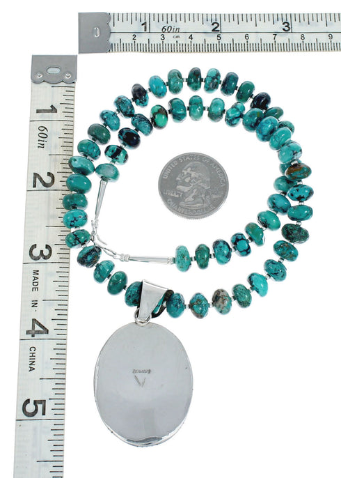 Native American Turquoise Sterling Silver Navajo Pendant Bead Necklace X10639