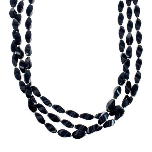 Native American 3 Strand Onyx Sterling Silver Bead Necklace X10488