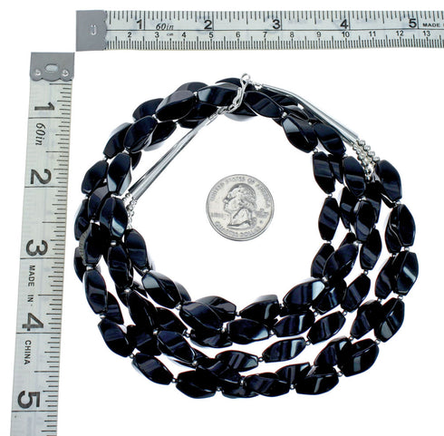 Native American 3 Strand Onyx Sterling Silver Bead Necklace X10488