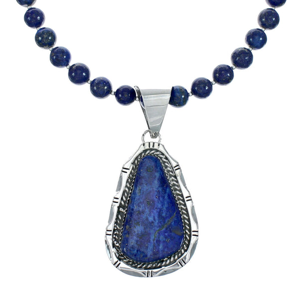 Navajo Sterling Silver And Lapis Bead Pendant Necklace Set X10689