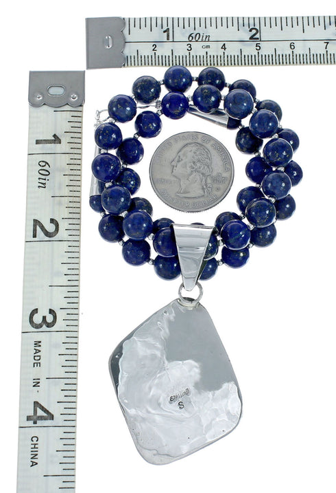 Native American Navajo Sterling Silver And Lapis Bead Pendant Necklace Set X10690