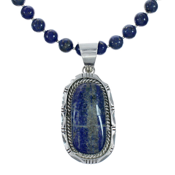 Navajo Lapis Sterling Silver And Bead Pendant Necklace Set X10694