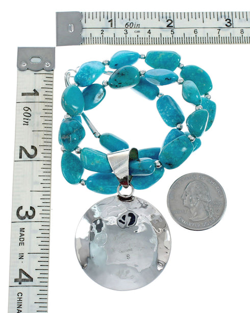 Genuine Turquoise Sterling Silver Navajo Pendant Bead Necklace X10727