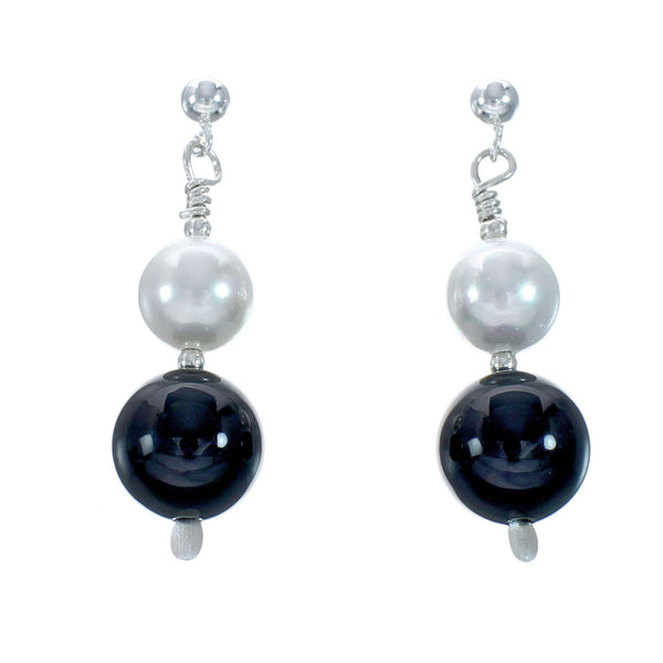 Sterling Silver Mother Of Pearl And Onyx Bead Post Dangle Earrings X10773