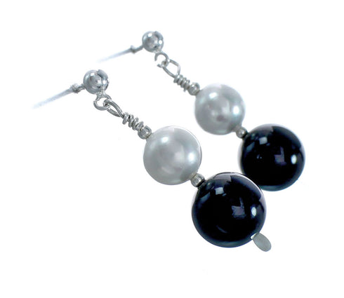 Sterling Silver Mother Of Pearl And Onyx Bead Post Dangle Earrings X10773
