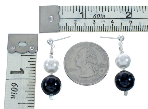Sterling Silver Mother Of Pearl And Onyx Bead Post Dangle Earrings X10773