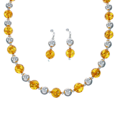 Native American Amber Sterling Silver Bead Necklace Set X10789