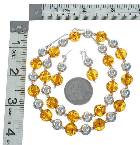 Native American Amber Sterling Silver Bead Necklace Set X10789