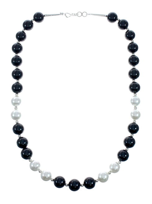Onyx And Mother of Pearl Navajo Sterling Silver Bead Necklace X10798