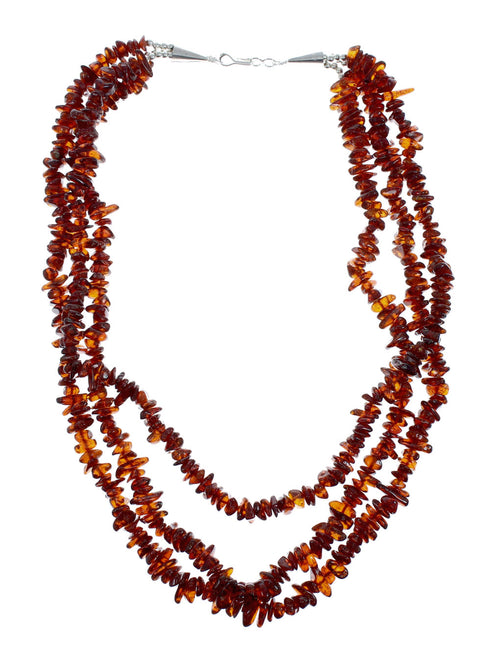 Genuine Amber And Sterling Silver 3-Strand Southwest Bead Necklace X10843