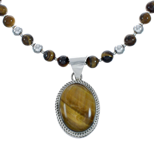 Native American Tiger Eye And Sterling Silver Pendant Bead Necklace X10848