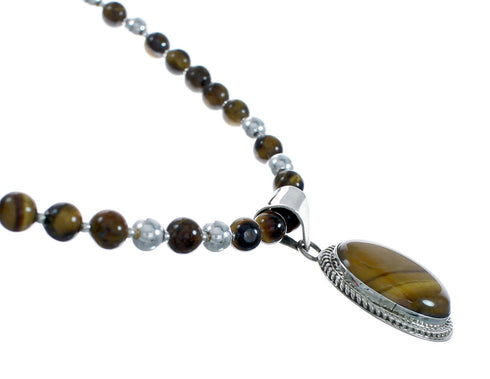 Native American Tiger Eye And Sterling Silver Pendant Bead Necklace X10848