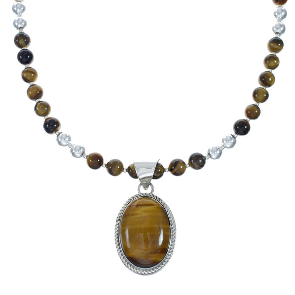 Native American Tiger Eye And Sterling Silver Pendant Bead Necklace X10849