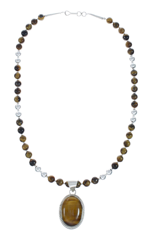 Native American Tiger Eye And Sterling Silver Pendant Bead Necklace X10849