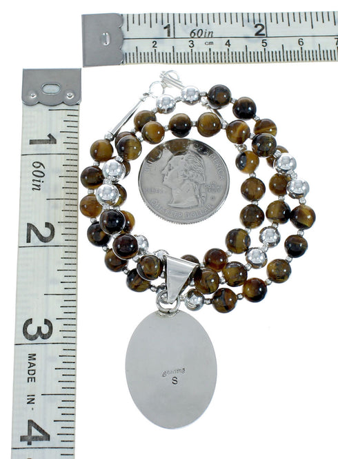 Native American Tiger Eye And Sterling Silver Pendant Bead Necklace X10849