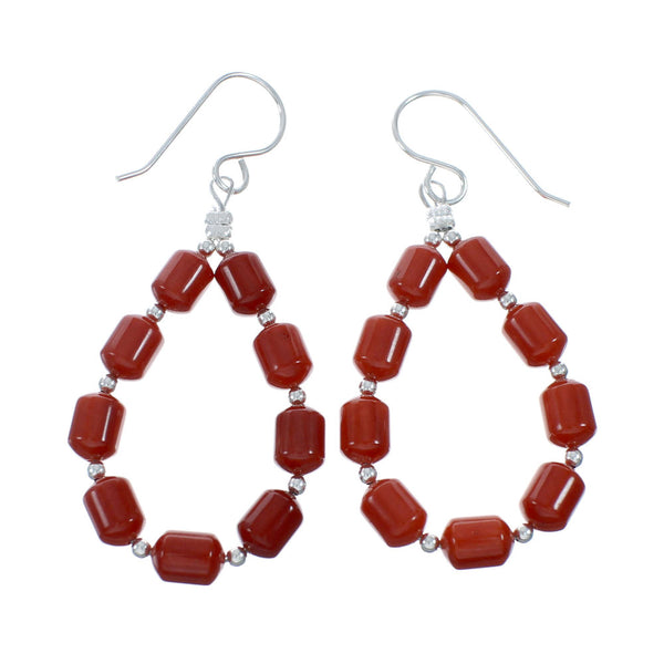 Navajo Coral Bead Hook Dangle Sterling Silver Earrings X10923