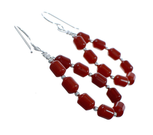 Navajo Coral Bead Hook Dangle Sterling Silver Earrings X10923